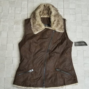NWT David Kahn Vegan Suede Vest - Faux Fur Trim